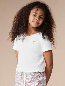 SUMWON 豹纹T恤阔腿裤套装，粉色蝴蝶结点缀，短袖圆领休闲两件套 - 杏色 - 查看 3