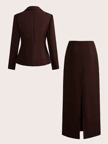 Anewsta Mother's Day New Spring/Autumn Lapel Long Sleeve Sexy Blazer + High Waist Drape Straight Skirt Women Suit Set - Brown - View 4