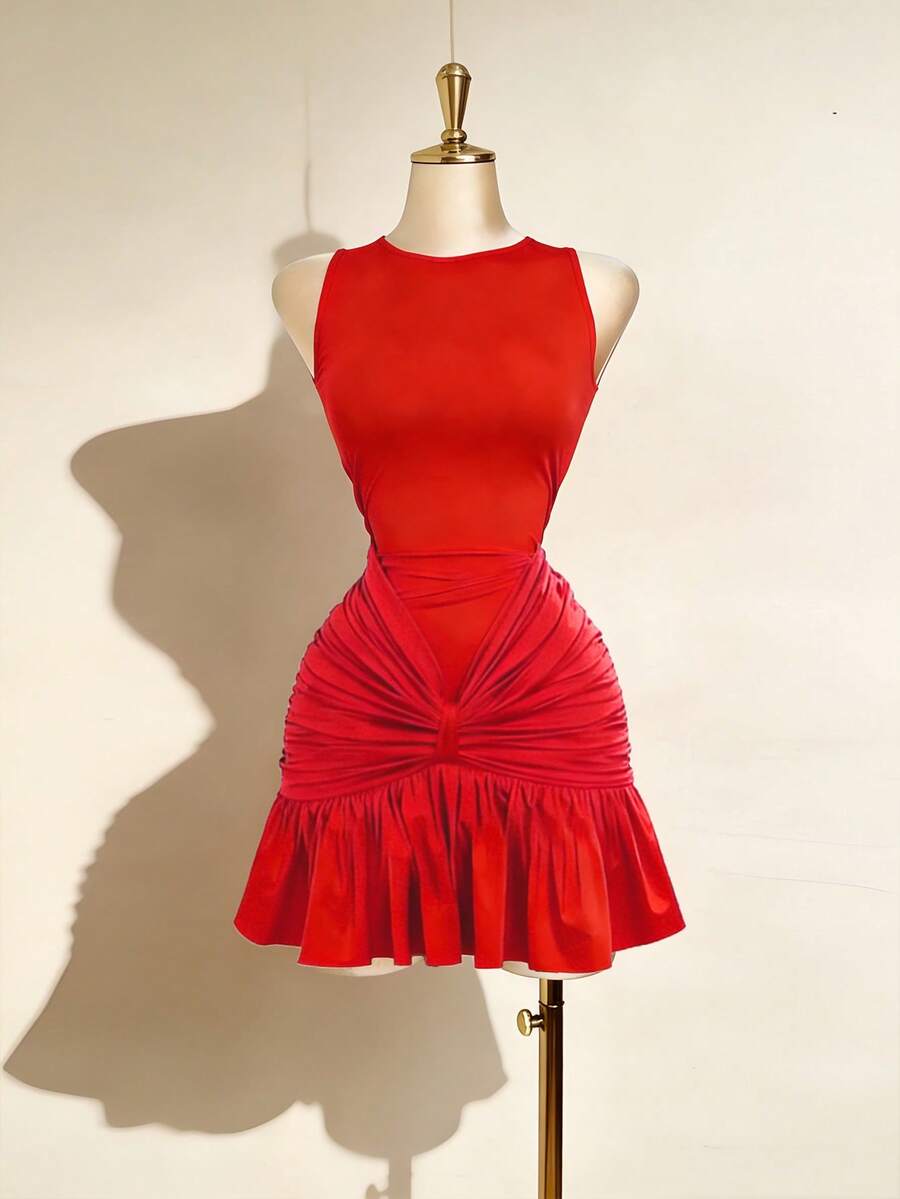 Elenzga 新款无袖针织修身优雅情人节可爱女士迷你连衣裙 - 紅色 - 查看 1