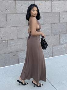 Alexandranx 露背高开衩修身连衣裙，适合新年服装，长款女装，女式晚礼服，女式连衣裙，女式优雅连衣裙 - 咖啡棕 - 查看 4