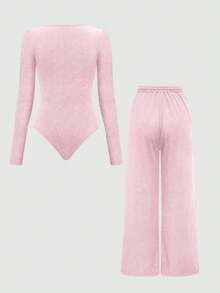SHEIN LUNE 2pcs/Set Solid Color Square Neck Fitted Long Sleeve Jumpsuit - Pink - View 2