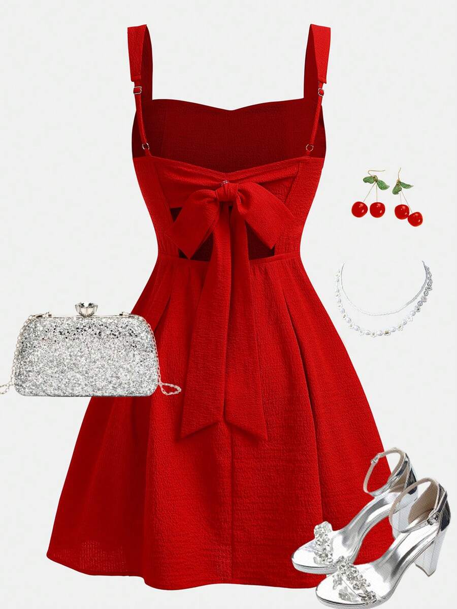 Girlism Teen Girls' Vacation Spaghetti Strap Backless Bow A-Line Mini Dress, Suitable For Music Festivals, Bohemian, Holiday Parties, Afternoon Tea Dress Red Red Casual Dress Cute Red Dress Red Bow Dress