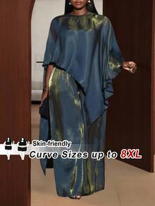 SHEIN CURVE+ Curve 尺码 US22 音乐节、海滨度假、波西米亚风女士亮面面料斗篷上衣和阔腿裤两件套，适合圣诞节/新年/派对/优雅女性风格/闪亮两件套/感恩节/正式场合 - 藍色 - 查看 1