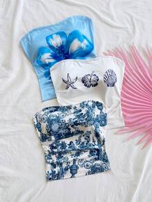 Soleia 女士花卉、贝壳及全印花无袖抹胸上衣，三件套，适合约会、海滩、邮轮、嘉年华、复活节、夏季假期、女士海滩度假、休闲场合。 - 彩色 - 查看 4