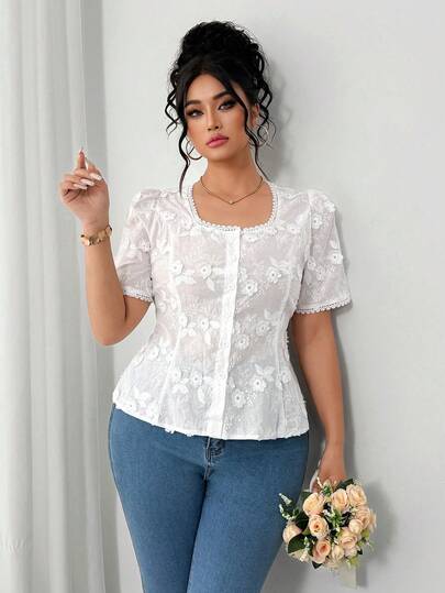 Elenzga Plus Size Elegant Square Collar Short Sleeve Lace-Up Waist White Embroidered Blouse
