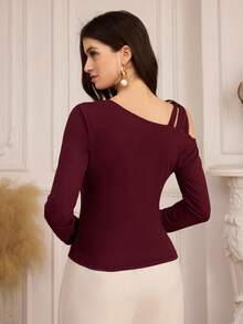 Modelyn Áo nữ dáng dài ôm sát, tối giản, thiết kế khoét vai, xoắn chéo, bất đối xứng, thanh lịch, phù hợp cho công sở. - Màu Đỏ Sâu - Xem 2