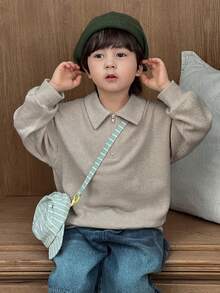 DAZY Young Boy Half Zip Casual Versatile Long Sleeve T-Shirt - Apricot - View 1