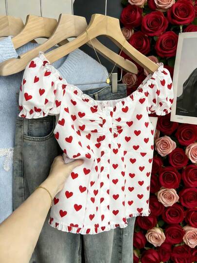 Chiquease Women's Casual Heart Print Ruffle Puff Sleeve Blouse, Summer Valentine's Day Tops Cute Croptop Cute Short Sleeve Tops Strawberry Heart Print Top Short Sleeve Top White Top Red Hearts