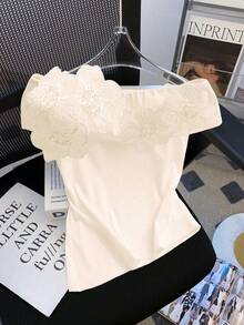 Franclia 女士休闲优雅露肩花卉贴花修身T恤 夏季 夏季 夏季上衣 情人节 女士情人节 女士沙滩装 女士沙滩装 优雅女士T恤 女士休闲T恤 白色上衣 - 白色 - 查看 2