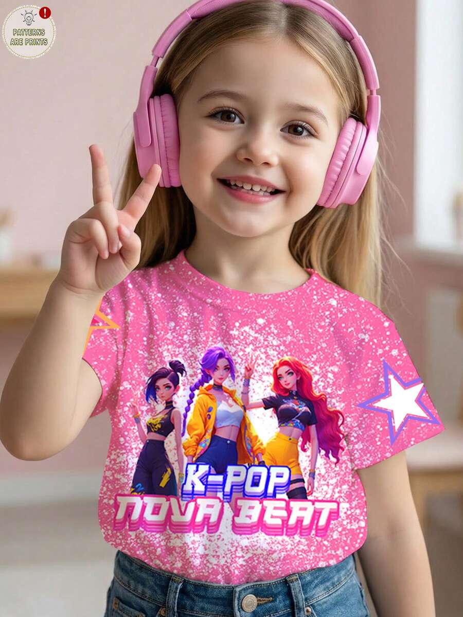 SHEIN Young Girls Pink Fashionable K-POP Girl Group Letter & Star Print Short Sleeve Crew Neck T-Shirt,Summer School Holidays Parties Daily Wear Concerts - Multicolor - View 1