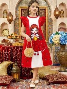 女童短袖连衣裙，公主图案印花撞色拼接酒红色玫瑰花卉公主裙，红色连衣裙，适合外出和节日穿着，斋月佳丽