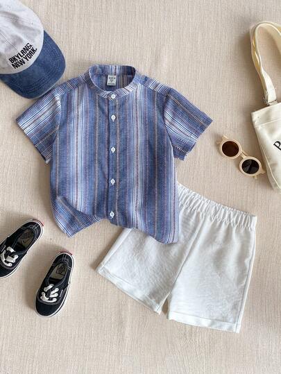 PrepCrw 2pcs Young Boys Elegant Urban College Blue & White Striped Woven Slim Fit Mandarin Collar Short Sleeve Top And White Shorts, Suitable For Casual Daily, Outings, Gatherings, Festivals, Spring & Summer