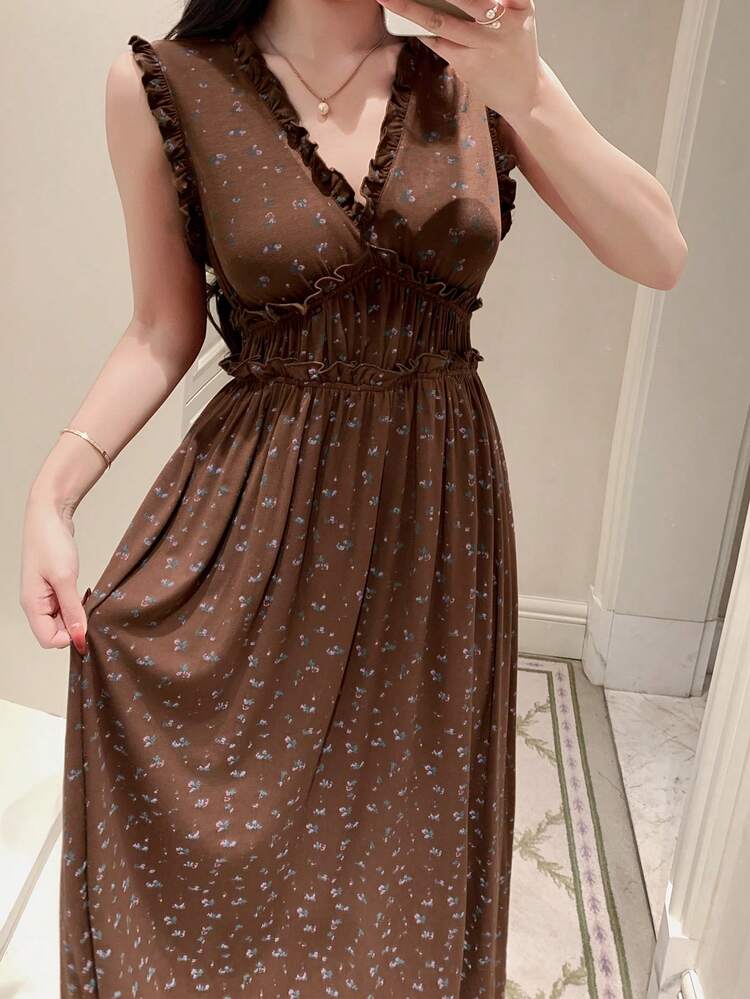 Ditsy Floral V-Neck Sleeveless Ruffle Hem Long Nightgown For Women