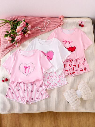 SHEIN Girls' Cute Cherry Bow, Heart & Pearl Print Short Sleeve Shorts Pajama Set, Loose Fit Soft Comfy Summer Sleepwear, Casual Homewear 6-Piece Set