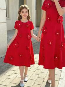 SHEIN Tween Girl Elegant Red Floral Summer Party Dress, Fashionable Round Neck Short Sleeve Red Dress With Flowers For Tween Girl, Party Wear Dress - Burgundy - View 7