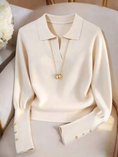 Airaco Fashionable Layered Loose Vintage Coin Batwing Sleeve POLO Collar Knit Sweater