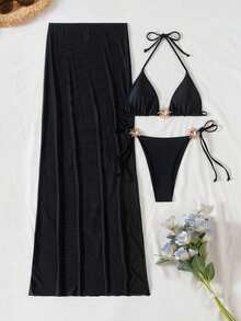 Swim Vcay 3pcs Set Women Solid Triangle Wireless Halter Top, Tie Side Swim Bottom Bikini Set And Mesh Cover-Up Skirt, Summer Beach Holiday Swimwear Ibiza Outfit - Black - View 3