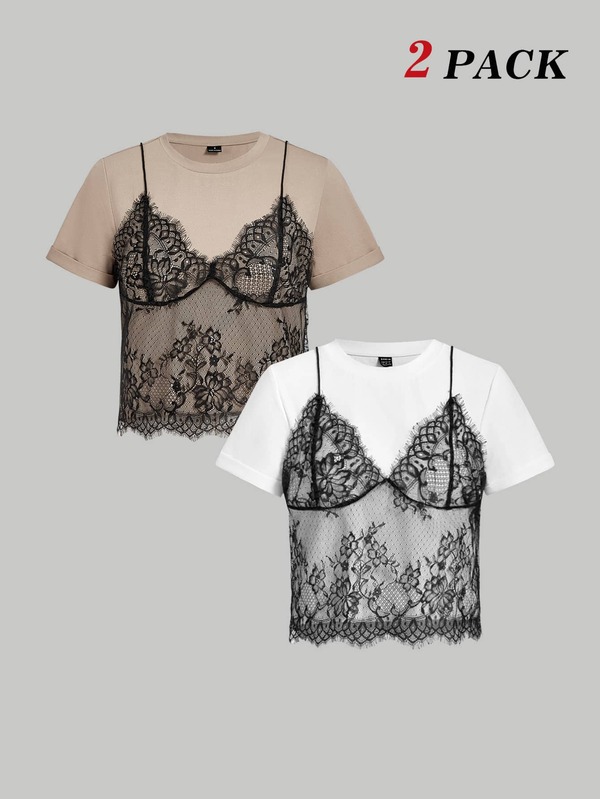 SHEIN MOD 2pcs Summer White And Brown Casual Lace Spliced Round Neck Short Sleeve T-Shirt (2 In 1),Crop Top White Top Y2k Clothes Y2K Top Summer Tops Crop Top Graphic Sleeveless Graphic Tee Lace Tops Date Night Tops See Through Tops