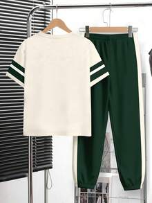 Tween Boy New Casual Minimalist Y2K Classic Color Block English Letter Sports Style Loose Comfortable Fashion Simplistic Crew Neck Short Sleeve T-Shirt And Pants Set - Multicolor - View 3