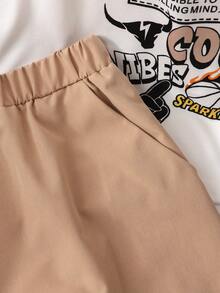 SHEIN 2件套青少年男童休闲时尚黑色圆领短袖字母印花T恤和卡其色梭织短裤，夏季新款经典配色 - 卡其色 - 查看 8