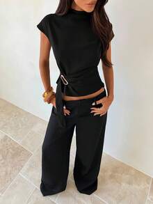 Aloruh 咖啡色金属扣装饰办公衬衫 - 黑色 - 查看 7