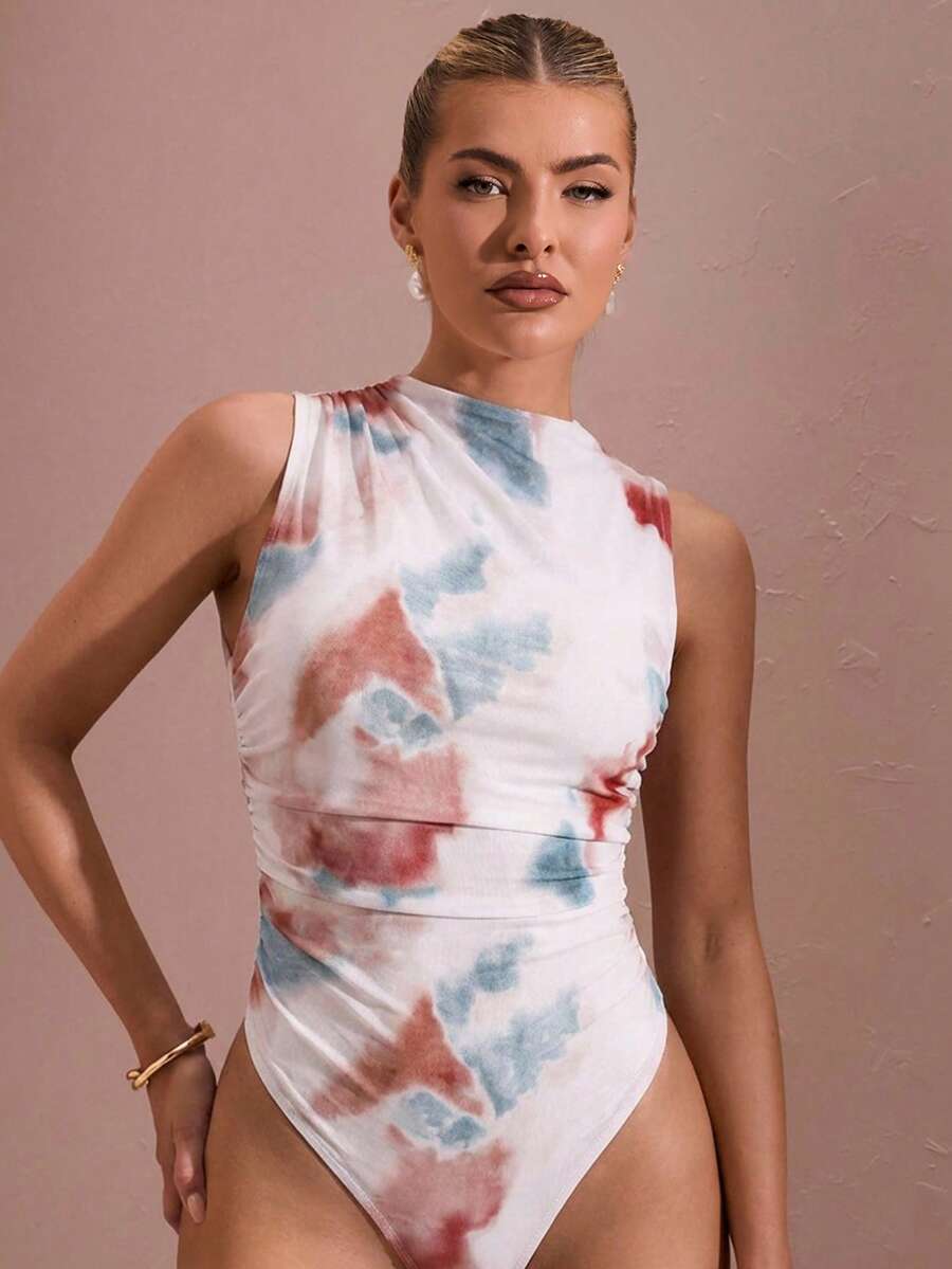 SHEIN BAE 女士扎染褶皱不对称扎染印花连体衣 - 棕色 - 查看 1