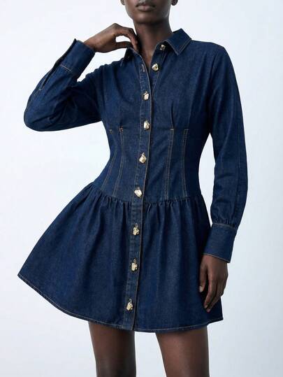 Maija Vestido de mezclilla casual de mujer de manga larga con cintura ceñida y abotonadura sencilla