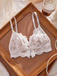 Crystal Vow 1pc Women's Lace Bow Decor Wireless Bra - White - View 3