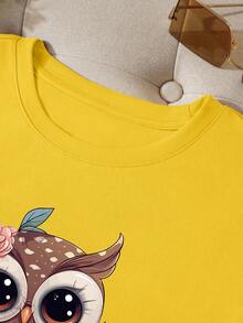 INAWLY Áo thun nữ mùa hè in hình cú hoạt hình cổ tròn tay ngắn, kiểu dáng thường ngày, thích hợp mặc đi chơi. - Màu vàng - Xem 5