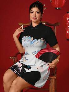 Elenzga 大码女式碎花纽扣设计短袖中国风新年派对连衣裙 - 黑色 - 查看 6