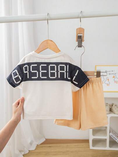 SHEIN 2pcs/Set Baby Boy Summer Casual Cute Colorblock Letter Print Loose Short Sleeve T-Shirt & Elastic Waist Shorts Set