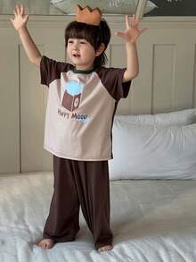 DAZY 2件套男童撞色字母印花圆领短袖上衣和裤子睡衣套装 春夏 - 棕色 - 查看 7