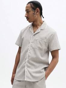SUMWON Striped Button Front Pajama Set Short Sleeve Shirt With Matching Shorts Sleep Set Classic Relaxed Fit Sleepwear Summer Comfort 2 Pcs Nightwear - Khaki - View 5