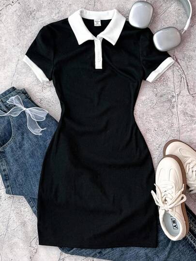 SHEIN Tween Girls' Casual Everyday Commute Sports Style Contrast Binding Polo Collar Short Sleeve Dress, Summer