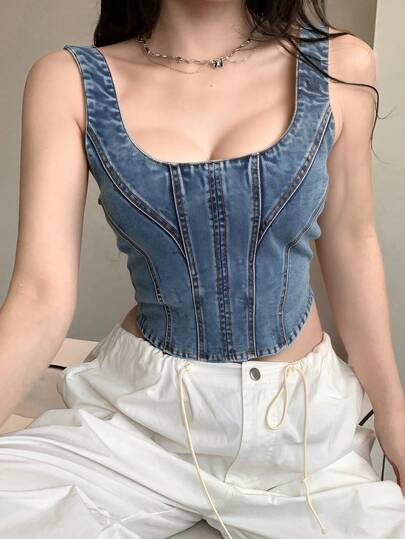 Top de Jean Sin Mangas para Mujer: Corte Ajustado, Cuello en Cuadrado y Corto