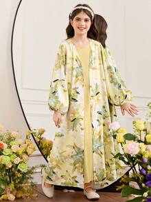 SHEIN 2pcs/Set Girls Printed Long Sleeve Dress - Yellow - View 4