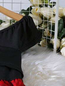 Franclia 女士优雅撞色露肩连衣裙 - 紅色和黑色 - 查看 4