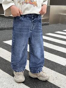 SHEIN Young Boy's Casual Everyday Commute Simple Versatile Loose Fit Straight Leg Jeans - Dark Wash - View 6