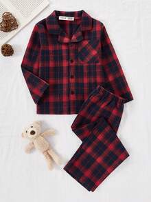 2 件男童休闲经典格子衬衫和裤子套装，长袖家居服 - 紅色 - 查看 3