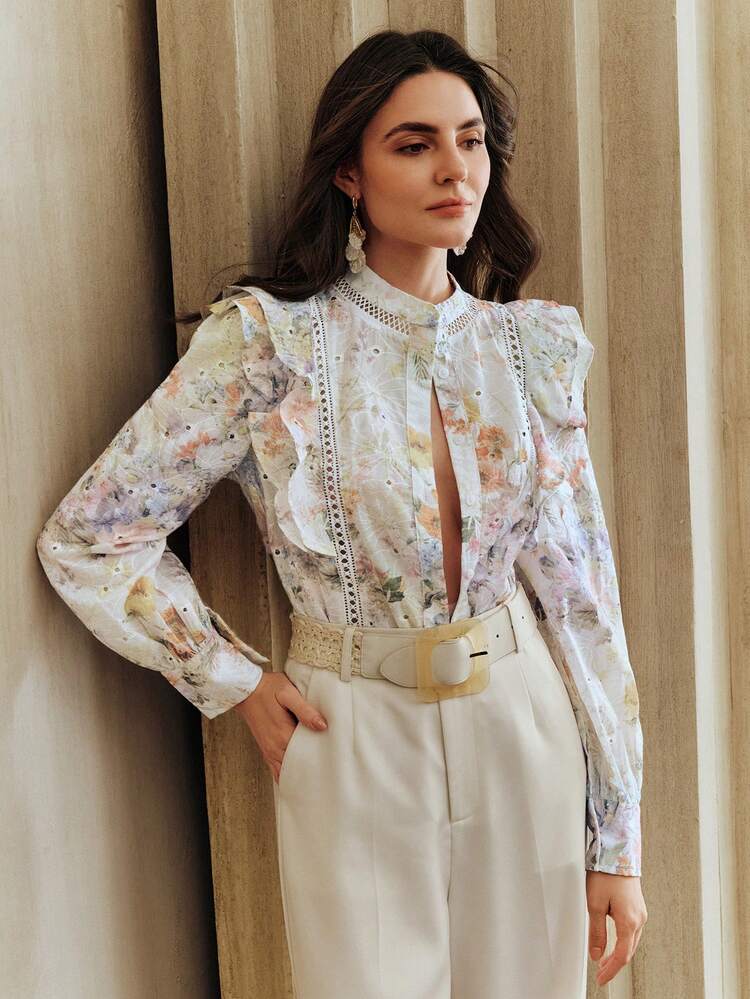 Women's Elegant Bohemian Ruffle Shoulder Embroidered Floral Print Long Sleeve Blouse, Suitable For Valentine's Day, Women's Day, Mother's Day Boho Blouses Floral Blouse Lantern Sleeve Blouse Elegant Blouses