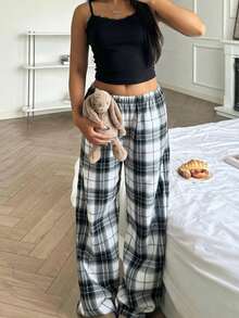 Teen Girl Lace Patchwork Camisole And Plaid Wide Leg Pants Casual Loungewear Set - Black - View 6