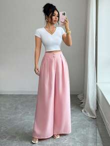 Elenzga 新款女士高腰编织纹理优雅A字阔腿裤，百搭年轻女士长裤 - 粉色 - 查看 8