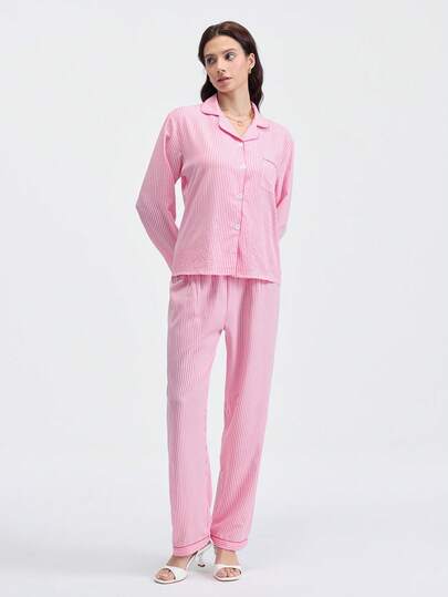 Loungeista 2 piezas Conjunto de pijama de mujer con estampado de rayas azul y blanco, top de manga larga con cuello de botones y pantalones, ropa de dormir y de estar por casa casual para otoño/invierno