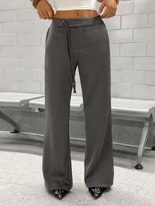 StreetHx Pantalones rectos con cordones para mujer "Old Money", primavera/verano - Gris Oscuro - Ver 6