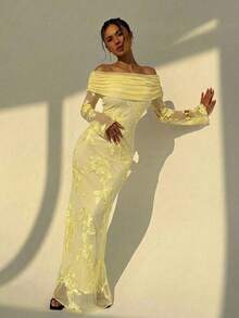 Aloruh 女士优雅褶皱不对称肩部喇叭袖鱼尾下摆修身透视网纱刺绣连衣裙，春夏秋季 - 黃色 - 查看 5