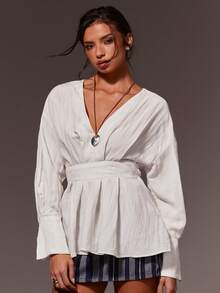 Athîral Áo sơ mi nữ dáng suông cổ chữ V tay dài, màu trơn, kiểu dáng thường ngày, xếp ly ở eo. - trắng - Xem 4