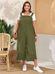 EMERY ROSE Plus Size Women'S Black Overalls With Adjustable Straps, Button Closure And Pockets On Split Legs For Spring Summer Outfits Summer Clothes  Spring  Spring Outfit Women Spring Clothes Country Style For Women Green Jumpsuit Women Summer Jumpsuits For Women - Army Green - View 3