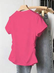 Resyla 大码女式休闲户外上衣，夏季新品，户外约会，优雅风格，玫瑰红，亮色，粉色，返校季，教师节，褶皱腰身修身T恤 - 粉色 - 查看 2