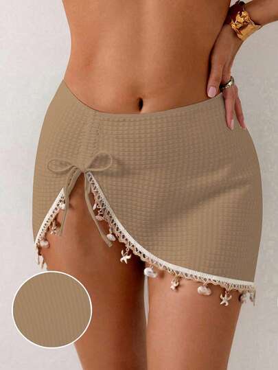 Swim Lushoire Women's Summer Beach Vacation Drawstring Ruched Starfish Shell Tassel Solid Color Special Texture Fabric Split Hem Skirt