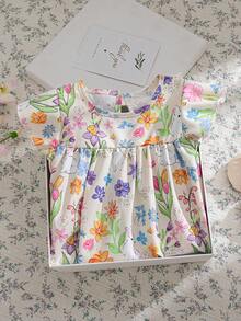 Souflis Souflis 法式新款女婴/新生儿连衣裙，适合 0-3 岁女童，春夏皆宜，休闲百搭，可爱甜美，趣味十足，饰有兔子图案，居家或外出皆宜，配有荷叶袖。 - 彩色 - 查看 4